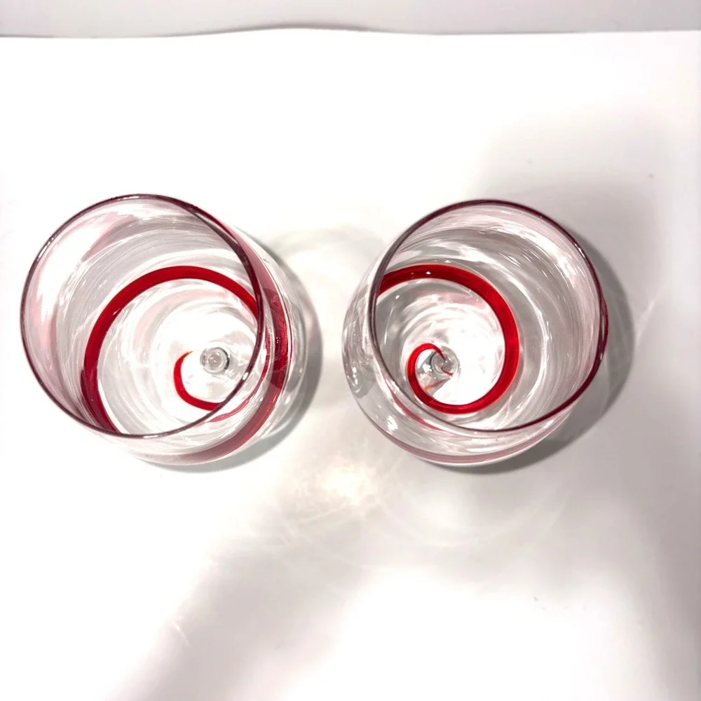 Pier 1 Import Cobalt Red Swirl Line Wine Goblet Glass 20oz Set of 2 Hand Blown